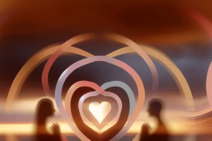 Silhouette of a couple facing a vibrant abstract heart, symbolizing deep emotional connection and intimacy, set against a soft-focused, warm background.