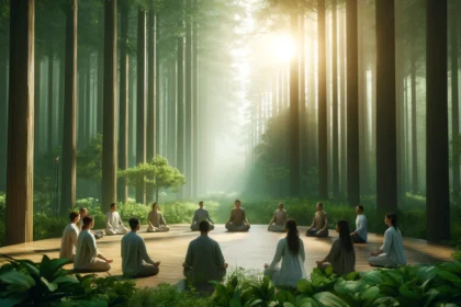 A serene vipassana meditation center in a lush forest, with a diverse group of people sitting in a circle, practicing meditation in the tranquil morning light.