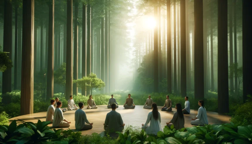 A serene vipassana meditation center in a lush forest, with a diverse group of people sitting in a circle, practicing meditation in the tranquil morning light.