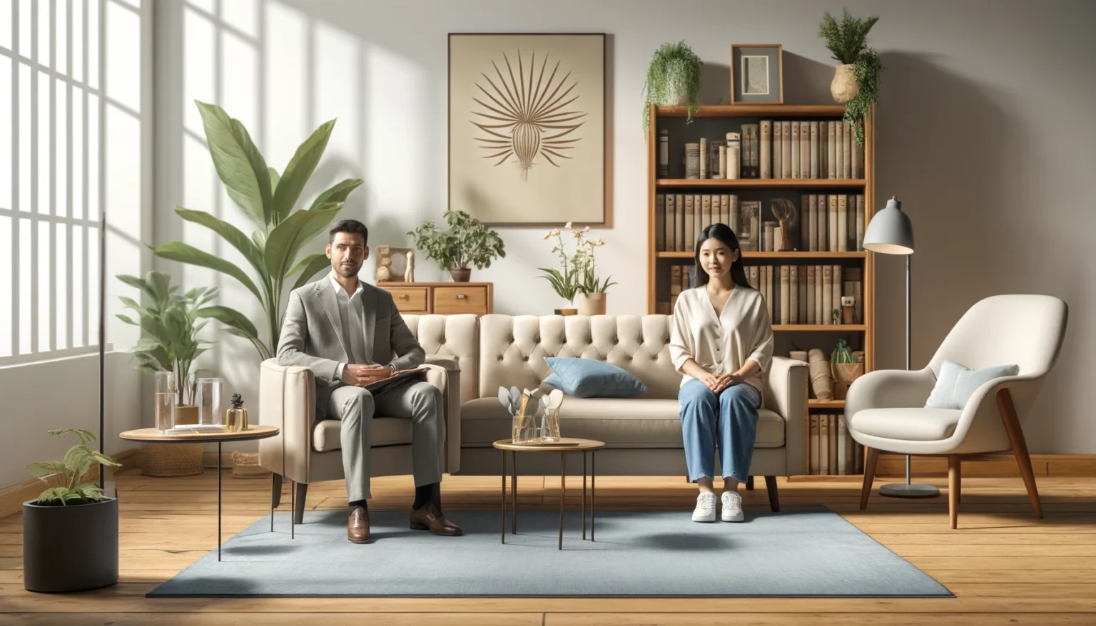 Therapist with a client in a setup designed to provide a comfortable and safe environment for psychotherapy.