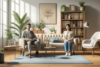 Therapist with a client in a setup designed to provide a comfortable and safe environment for psychotherapy.