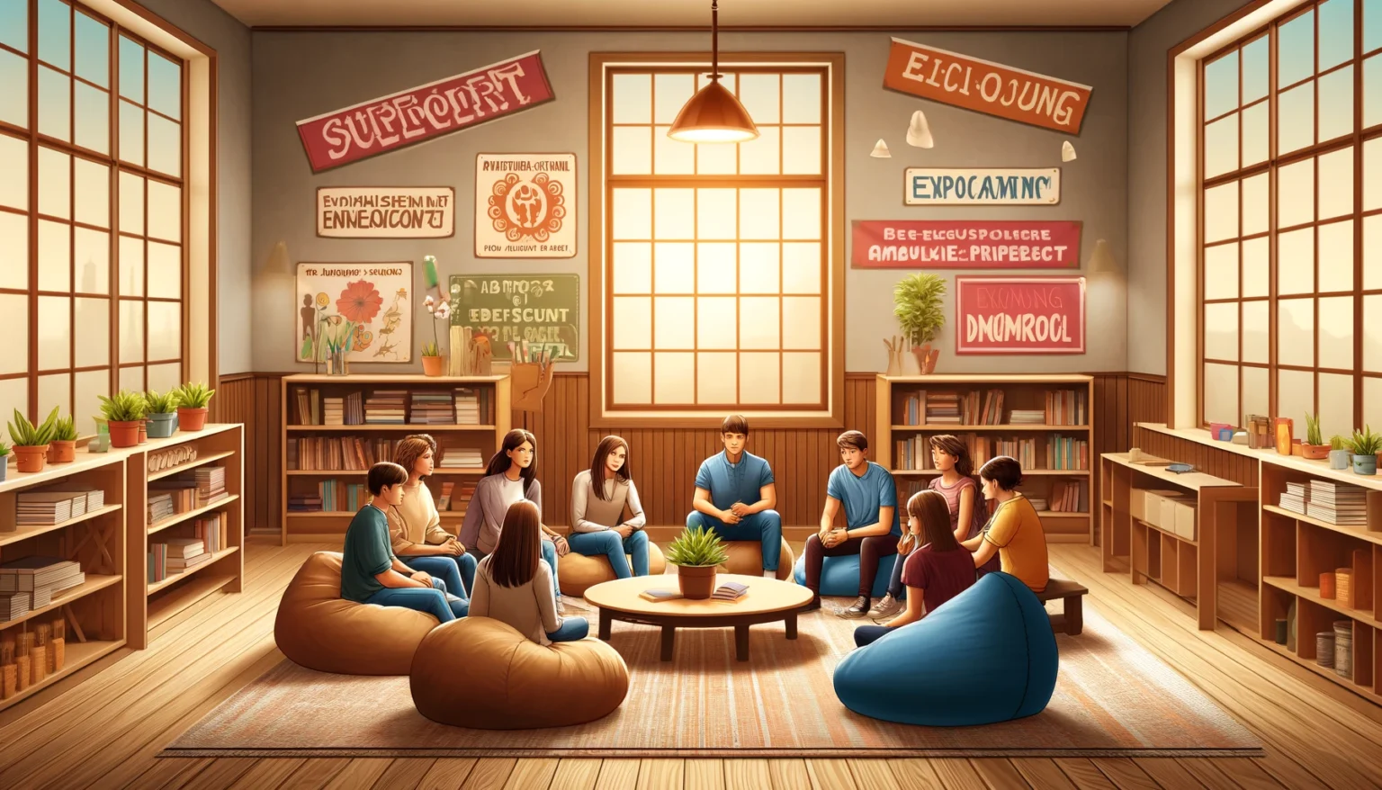 A cozy classroom with a diverse group of teenagers sitting in a circle on bean bags, engaging in a discussion led by an adult moderator understanding Adolescent Growth and Sexual Identity.
