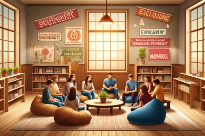 A cozy classroom with a diverse group of teenagers sitting in a circle on bean bags, engaging in a discussion led by an adult moderator understanding Adolescent Growth and Sexual Identity.