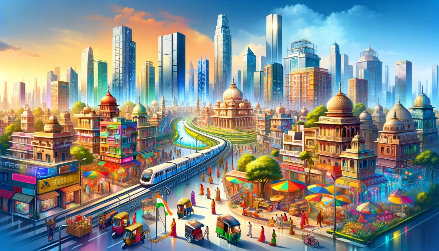 Vibrant cityscape blending traditional Indian markets and modern high-rise buildings, illustrating the growth of emerging Tier 2 cities in India.