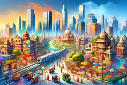 Vibrant cityscape blending traditional Indian markets and modern high-rise buildings, illustrating the growth of emerging Tier 2 cities in India.