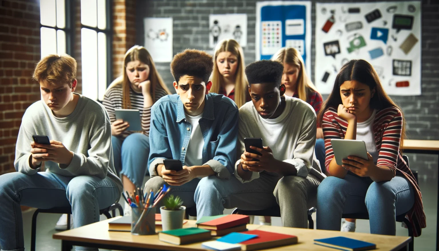 Distressed teenagers in a classroom looking at smartphones and tablets, symbolizing the impact of cyberbullying.