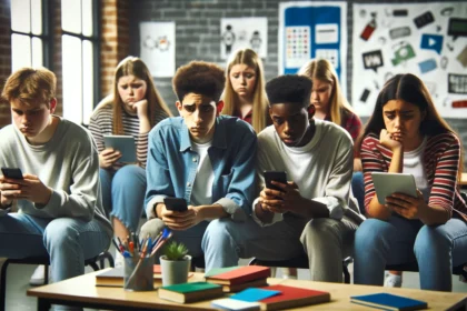 Distressed teenagers in a classroom looking at smartphones and tablets, symbolizing the impact of cyberbullying.