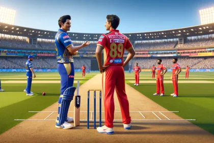 Cricket players in Mumbai Indians and Lucknow Super Giants jerseys discussing on the pitch at a sunny cricket stadium.