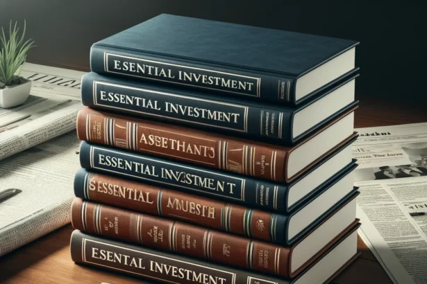 An array of five essential investment books for beginners neatly stacked on a wooden desk, accompanied by financial newspapers, a cup of coffee, and a digital tablet showing stock market graphs in a cozy, study-like setting