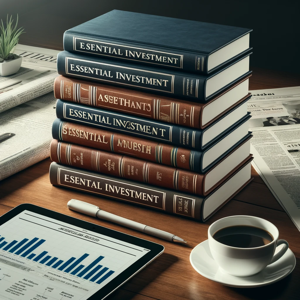 An array of five essential investment books for beginners neatly stacked on a wooden desk, accompanied by financial newspapers, a cup of coffee, and a digital tablet showing stock market graphs in a cozy, study-like setting