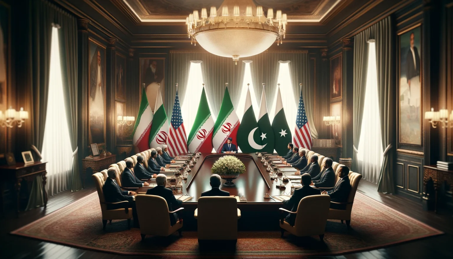 A formal diplomatic meeting room with Iranian and Pakistani national flags prominently displayed. A long wooden table centers the room, around which officials from both countries, dressed in formal attire, are seated. The room features elegant decor, soft lighting, and heavy curtains over large windows, conveying a sense of high-stakes international diplomacy.