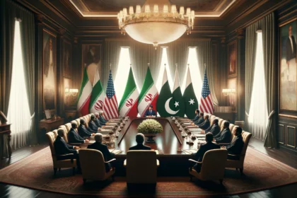 A formal diplomatic meeting room with Iranian and Pakistani national flags prominently displayed. A long wooden table centers the room, around which officials from both countries, dressed in formal attire, are seated. The room features elegant decor, soft lighting, and heavy curtains over large windows, conveying a sense of high-stakes international diplomacy.