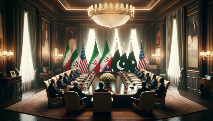 A formal diplomatic meeting room with Iranian and Pakistani national flags prominently displayed. A long wooden table centers the room, around which officials from both countries, dressed in formal attire, are seated. The room features elegant decor, soft lighting, and heavy curtains over large windows, conveying a sense of high-stakes international diplomacy.