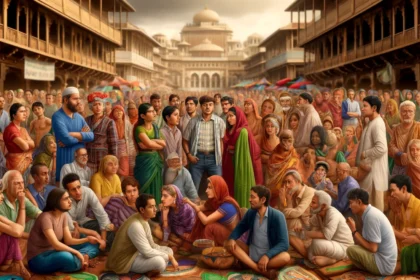 A group of Indian people of various ages and genders engaged in a discussion about premarital sex in a traditional market setting, showcasing the cultural and emotional complexity of the issue.