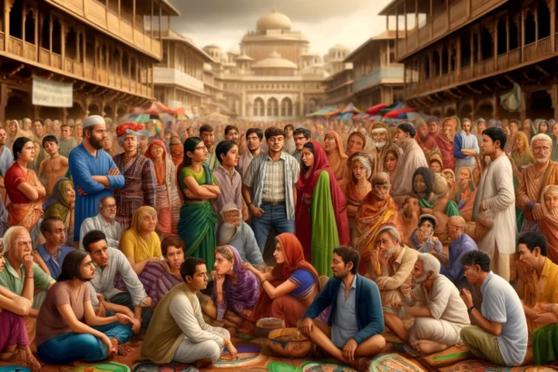 A group of Indian people of various ages and genders engaged in a discussion about premarital sex in a traditional market setting, showcasing the cultural and emotional complexity of the issue.