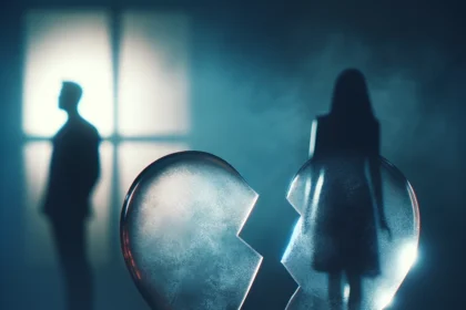 Conceptual image of a broken heart symbol, half transparent and fading, with blurred silhouettes of a couple turning away from each other in a dim, somber setting.