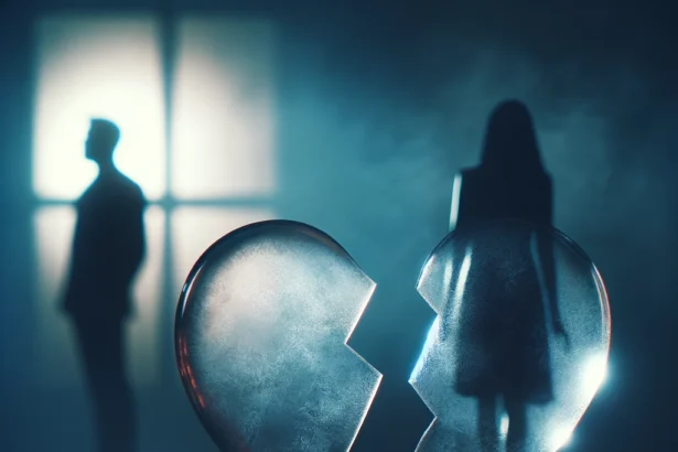 Conceptual image of a broken heart symbol, half transparent and fading, with blurred silhouettes of a couple turning away from each other in a dim, somber setting.