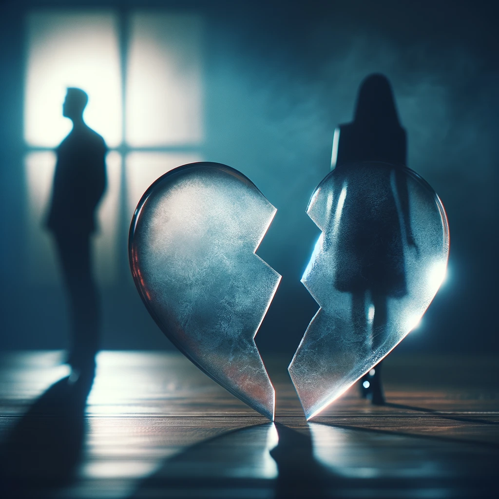 Conceptual image of a broken heart symbol, half transparent and fading, with blurred silhouettes of a couple turning away from each other in a dim, somber setting.