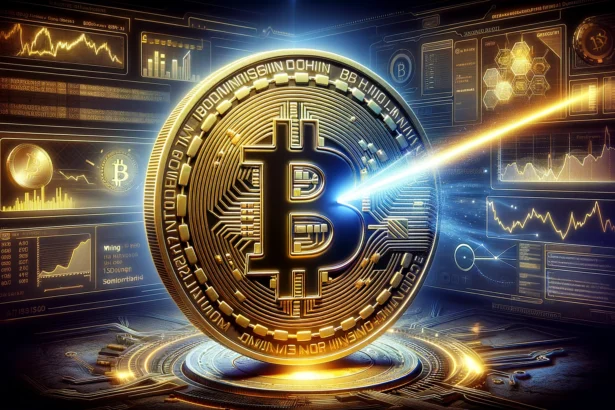 Digital illustration of a Bitcoin being halved by a laser, with computer screens displaying mining data and market trends in the background.