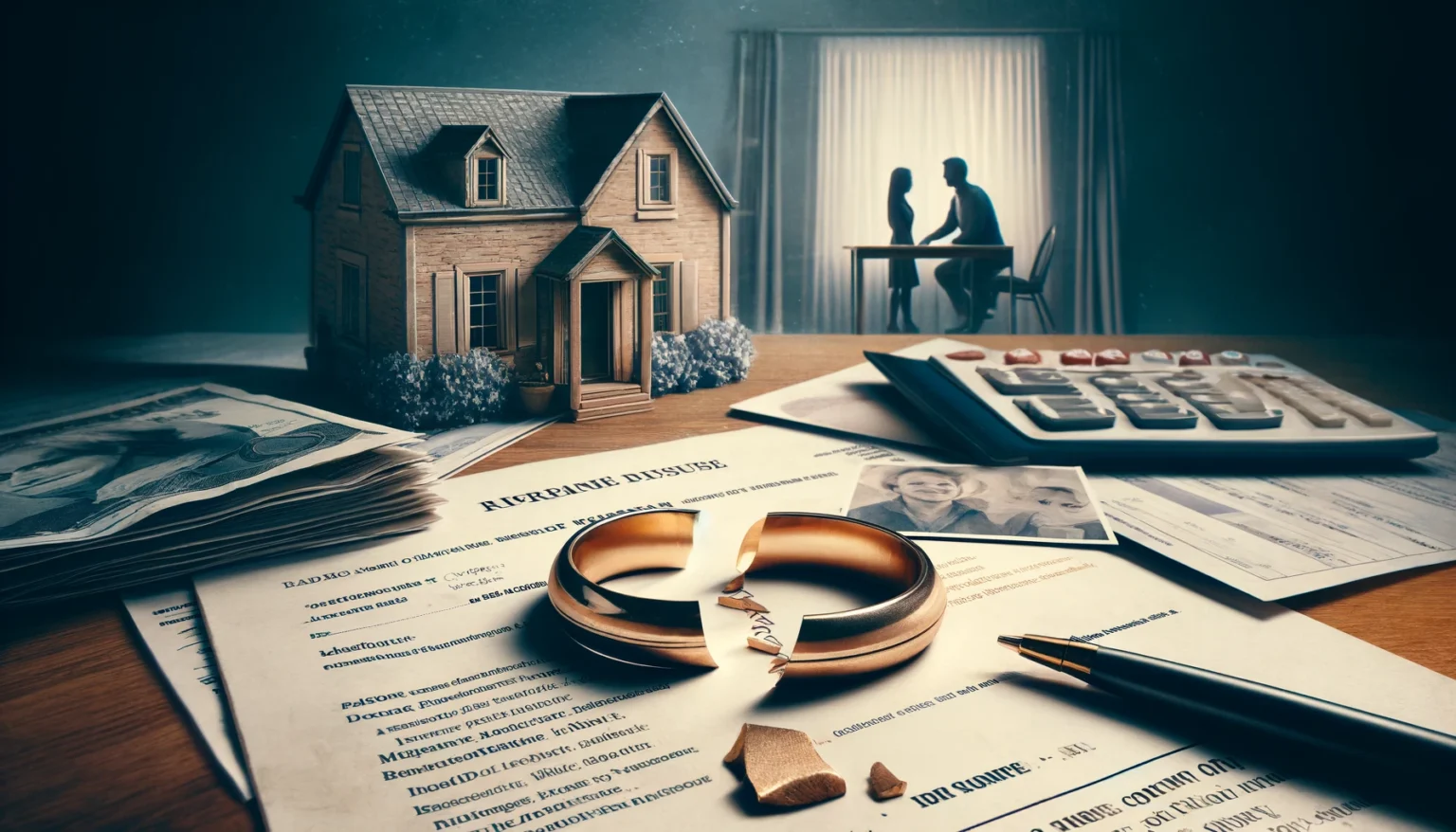 Broken wedding ring and faded couple's photo on financial papers depicting reasons for marriage failure.