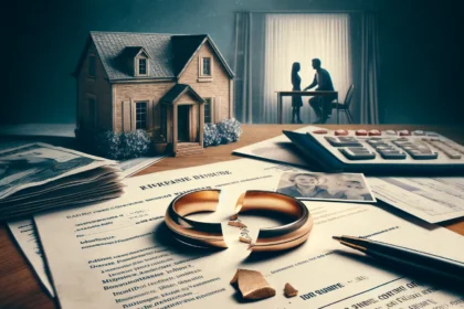 Broken wedding ring and faded couple's photo on financial papers depicting reasons for marriage failure.
