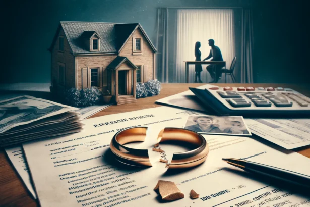Broken wedding ring and faded couple's photo on financial papers depicting reasons for marriage failure.