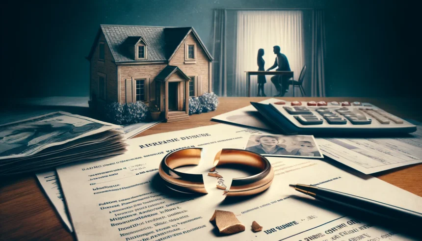 Broken wedding ring and faded couple's photo on financial papers depicting reasons for marriage failure.