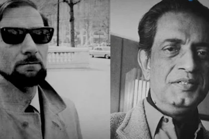 Black and white split image showing two men, the left side features a man with a beard and sunglasses, and the right side features Satyajit Ray with a prominent forehead and parted hair.