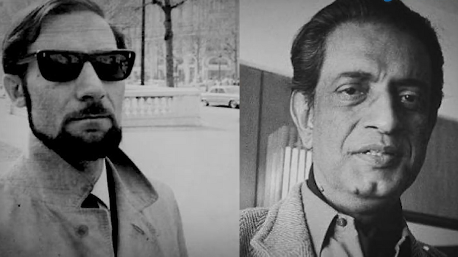 Black and white split image showing two men, the left side features a man with a beard and sunglasses, and the right side features Satyajit Ray with a prominent forehead and parted hair.