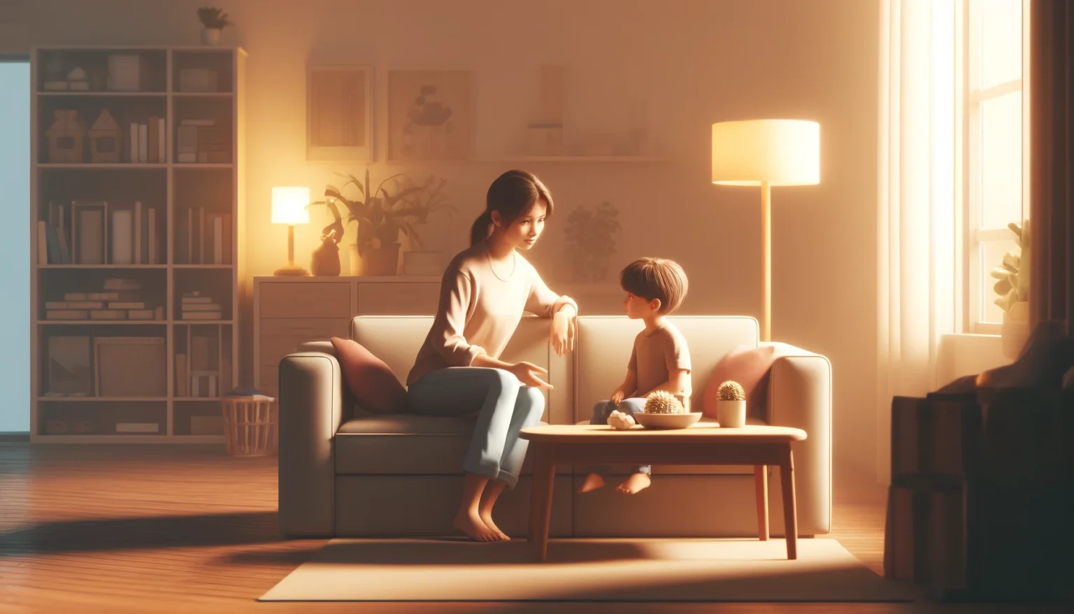 A parent talking to their child in a cozy living room, symbolizing open communication and safety.