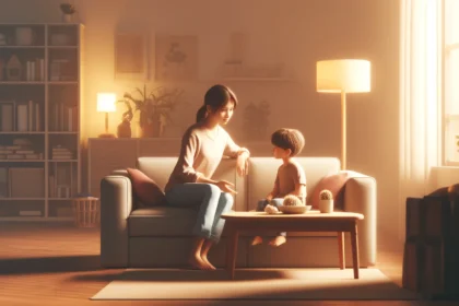 A parent talking to their child in a cozy living room, symbolizing open communication and safety.