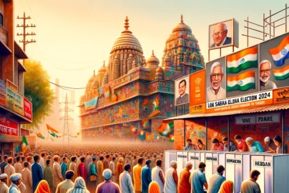 A diverse group of Indian voters, dressed in traditional and modern attire, queueing at a polling station during the first phase of the Lok Sabha Election 2024 in India. The setting includes urban architecture with political party banners in the background, depicting a vibrant democratic process.