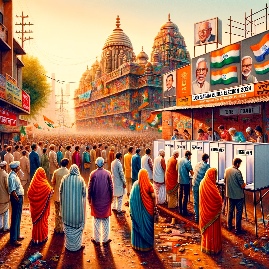 A diverse group of Indian voters, dressed in traditional and modern attire, queueing at a polling station during the first phase of the Lok Sabha Election 2024 in India. The setting includes urban architecture with political party banners in the background, depicting a vibrant democratic process.