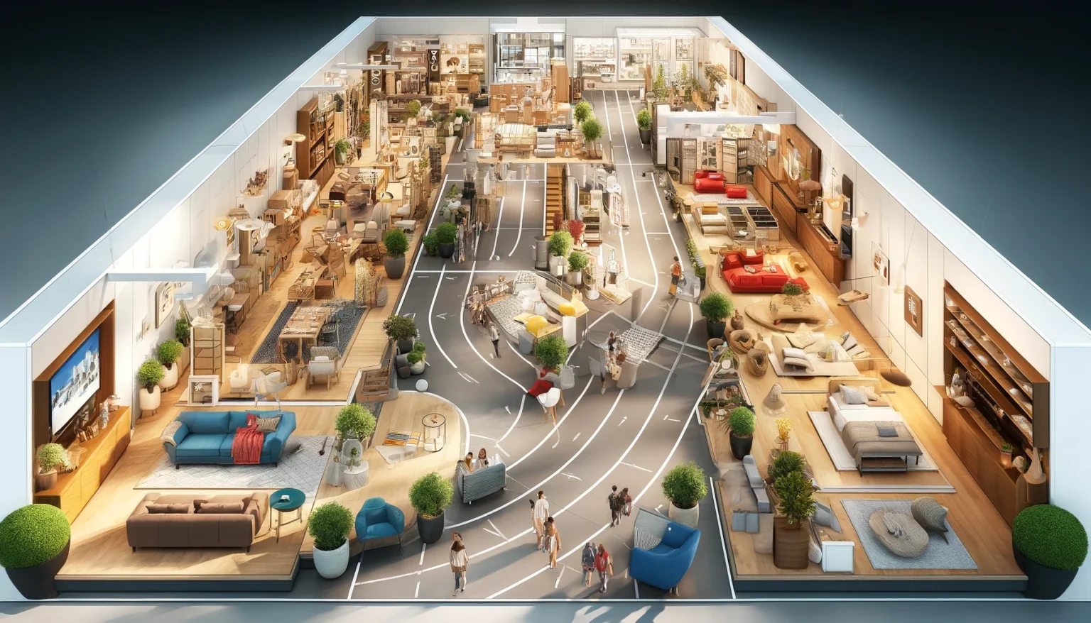 Artistic representation of an IKEA store interior, showcasing a racetrack pathway guiding customers through various stylish home furnishing sections, complete with shoppers for a dynamic atmosphere.