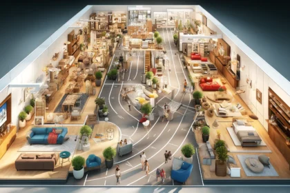 Artistic representation of an IKEA store interior, showcasing a racetrack pathway guiding customers through various stylish home furnishing sections, complete with shoppers for a dynamic atmosphere.