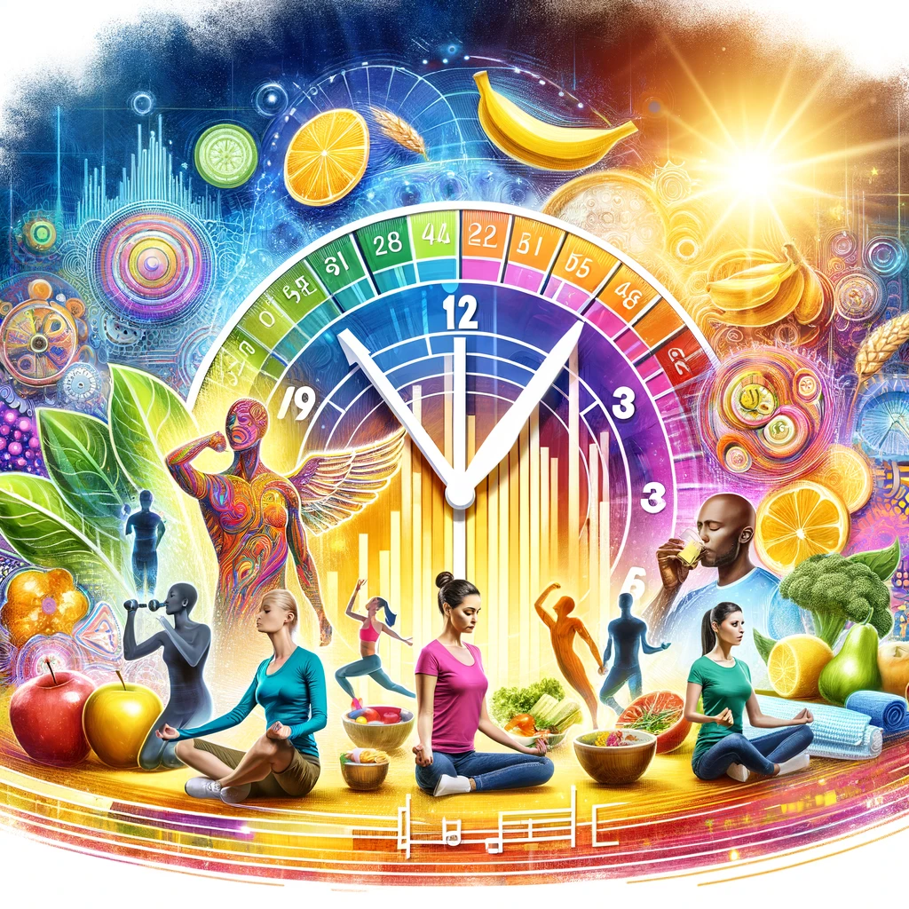 A vibrant image showing a diverse group of people engaging in activities such as exercising, meditating, and enjoying healthy meals, with a background featuring a timeline or clock symbolizing intermittent fasting schedules.