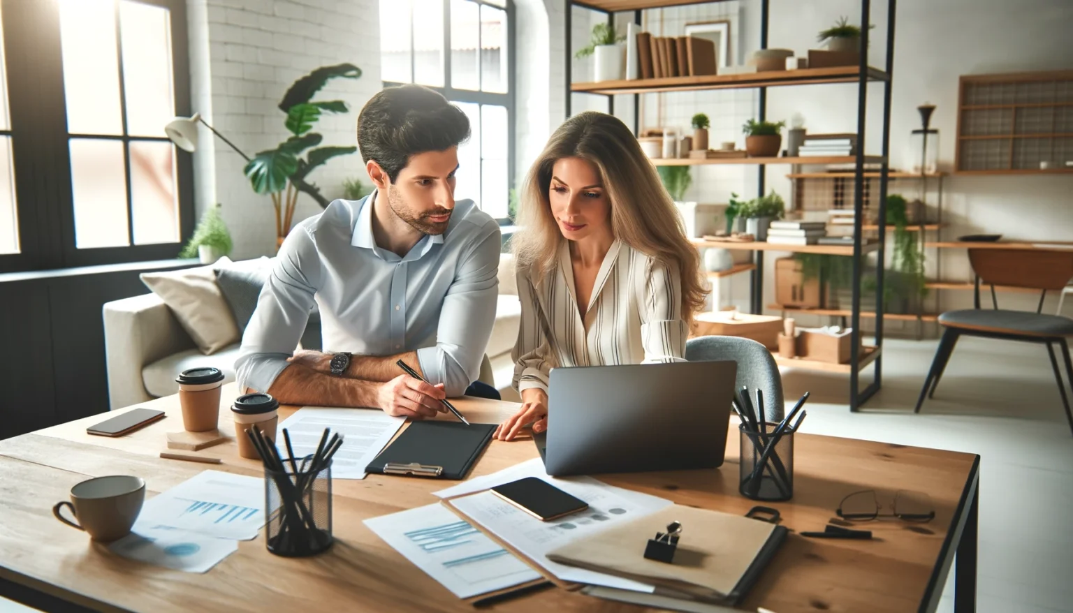 A professional couple collaboratively working at a desk in a modern home office, symbolizing a supportive and productive partnership in career growth.