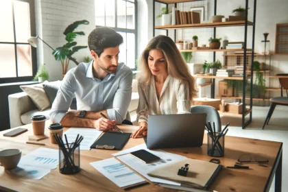 A professional couple collaboratively working at a desk in a modern home office, symbolizing a supportive and productive partnership in career growth.