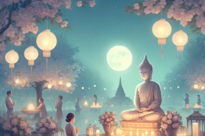 Celebration of Buddha Purnima with devotees offering prayers, lighting lamps, and decorating temples.