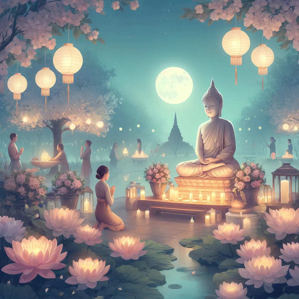 Celebration of Buddha Purnima with devotees offering prayers, lighting lamps, and decorating temples.
