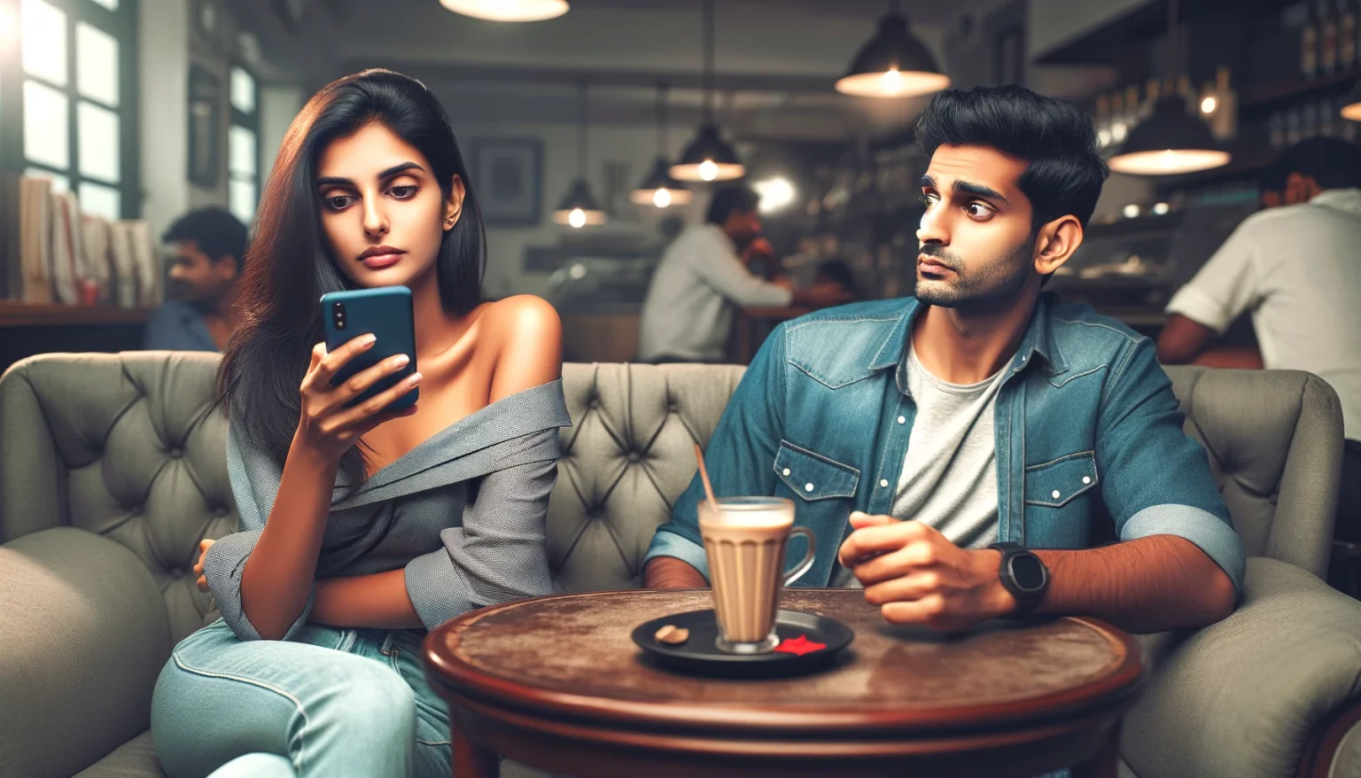 Indian couple in a cafe, woman engaging in breadcrumbing by focusing on her phone indifferently, man looking at her with concern.