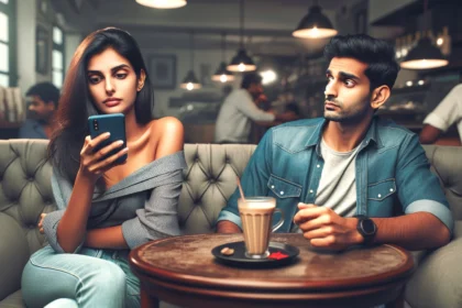 Indian couple in a cafe, woman engaging in breadcrumbing by focusing on her phone indifferently, man looking at her with concern.