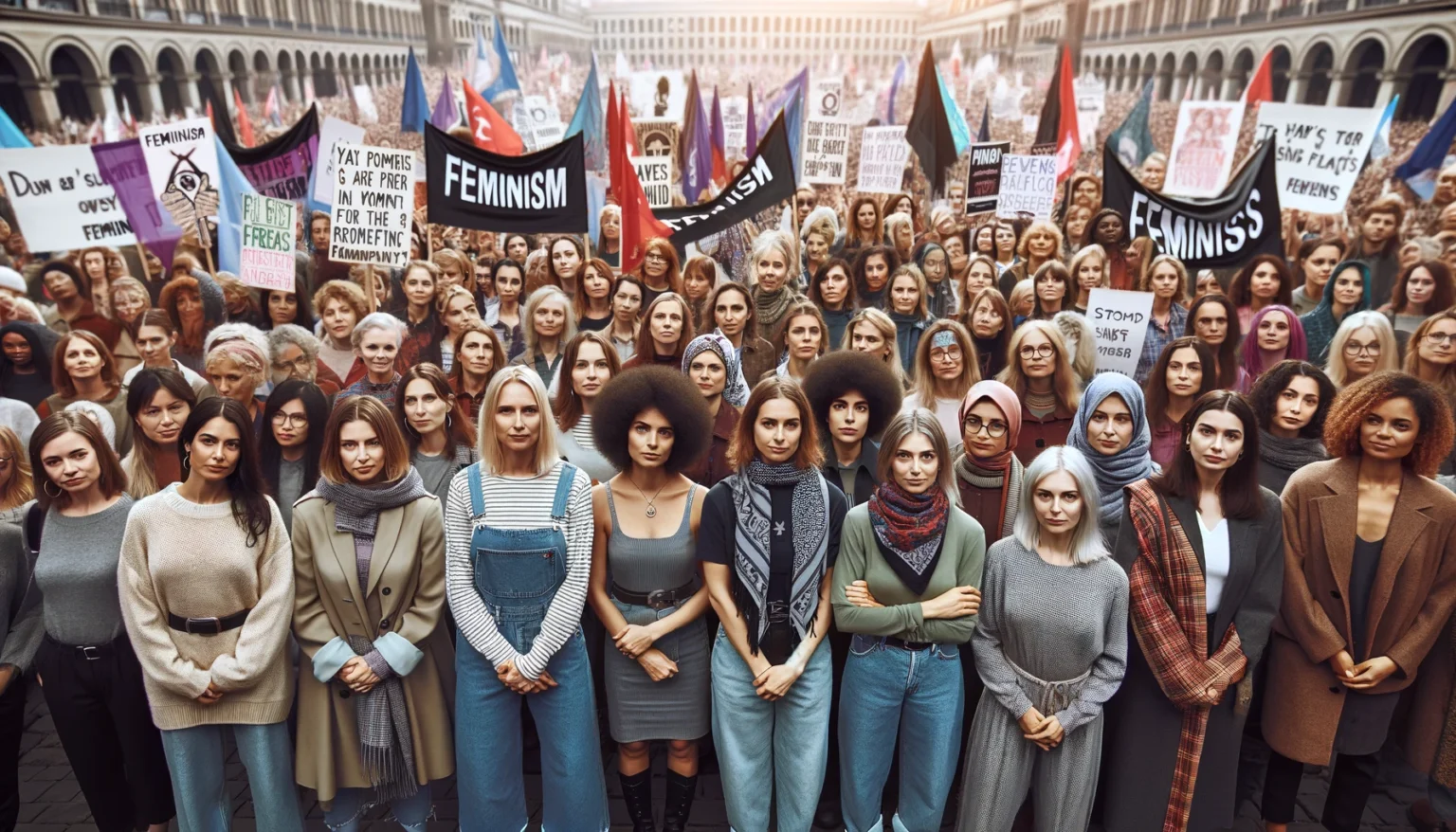 A diverse group of women of various ethnicities and ages, standing together in a public square, holding banners that promote gender equality and women's rights, embodying the essence of feminism.