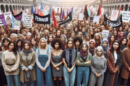 A diverse group of women of various ethnicities and ages, standing together in a public square, holding banners that promote gender equality and women's rights, embodying the essence of feminism.