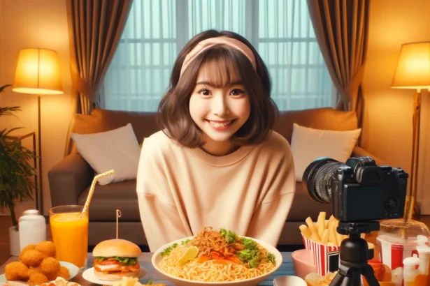A cheerful girl sitting at a table, surrounded by a variety of food including noodles, fried chicken, sushi, burgers, and desserts. She is about to start her Mukbang session in a cozy room with a camera set up in front of her.