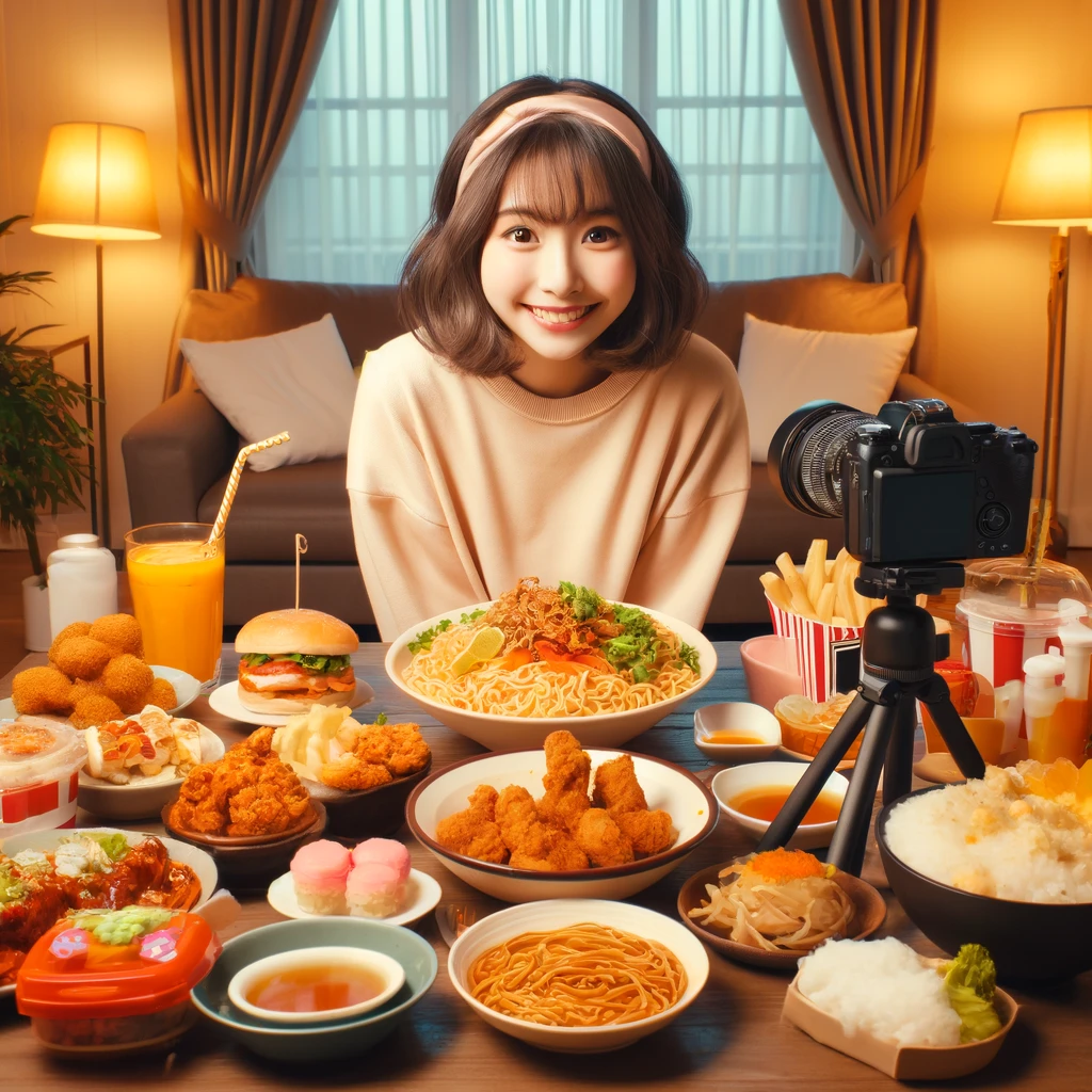 A cheerful girl sitting at a table, surrounded by a variety of food including noodles, fried chicken, sushi, burgers, and desserts. She is about to start her Mukbang session in a cozy room with a camera set up in front of her.