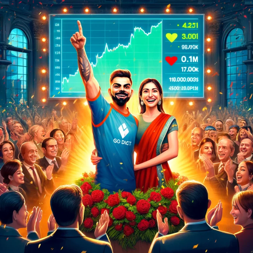 Virat Kohli and Anushka Sharma holding a Go Digit banner, celebrating the company's successful stock market debut with a vibrant and festive background of a stock market board displaying Go Digit's surging stock price and a cheering crowd.