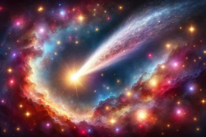 Halley's Comet traveling through a galaxy, surrounded by stars and cosmic dust. The comet has a bright nucleus and a long, glowing tail, moving through a colorful backdrop of nebulae and star clusters.