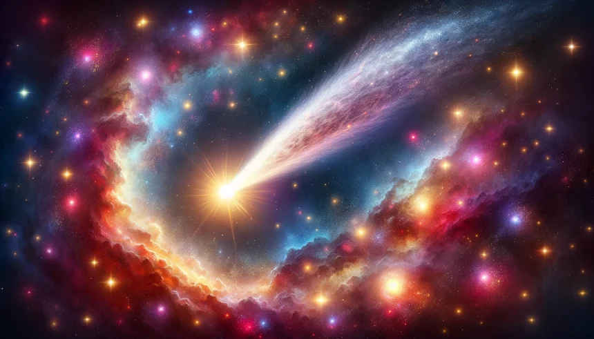 Halley's Comet traveling through a galaxy, surrounded by stars and cosmic dust. The comet has a bright nucleus and a long, glowing tail, moving through a colorful backdrop of nebulae and star clusters.