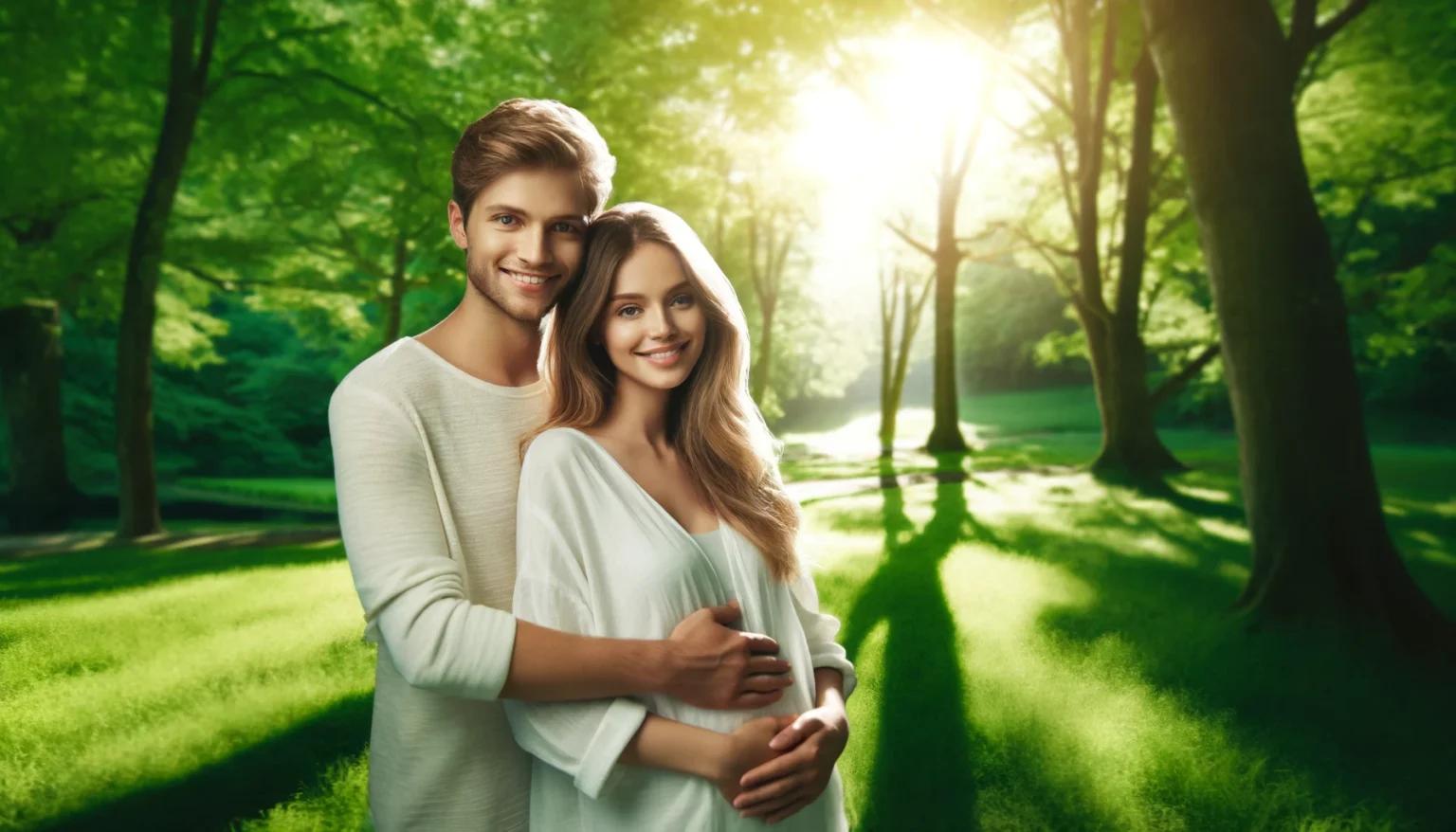 A couple dealing with how to get pregnant, embracing in a calm, natural setting, symbolizing hope and patience in their journey to conceive.